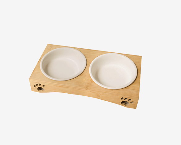 猫咪竹制木架猫碗 护颈陶瓷宠物碗（竹木碗架+双碗A）