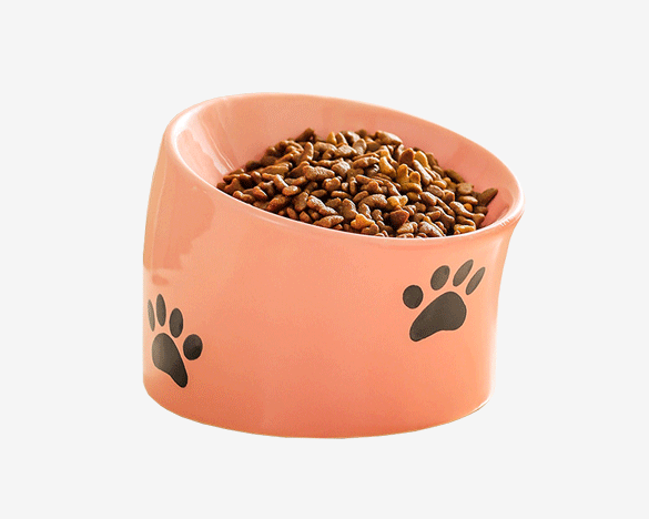 猫咪保护颈椎高脚斜口陶瓷碗（白桃粉）